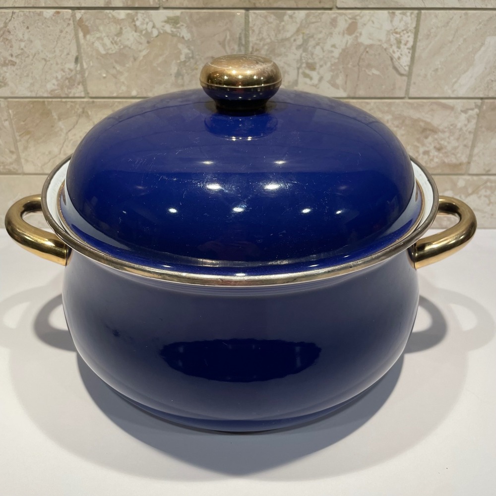 Vintage Cobalt Blue Enamel‎ Stock Pot Gold Handles Dutch Oven with Lid 10 Inch